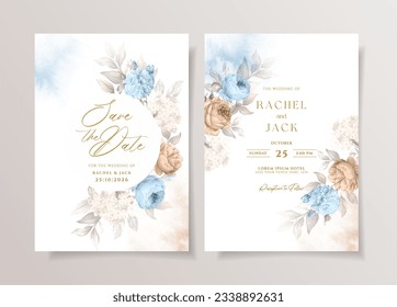 Plantilla de invitación a la boda acuarela con flor azul romántico blanco y decoración de hojas