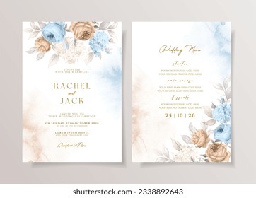 Plantilla de invitación a la boda acuarela con flor azul romántico blanco y decoración de hojas