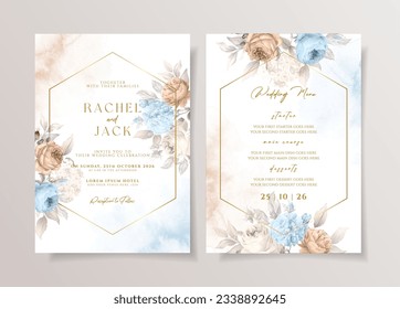 Watercolor wedding invitation template set with romantic blue white floral and leaves decoration