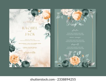 Watercolor wedding invitation template set with elegant emerald green orange floral and leaves decoration