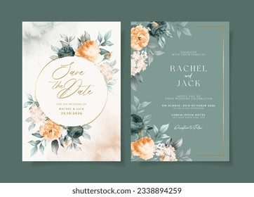 Watercolor wedding invitation template set with elegant emerald green orange floral and leaves decoration