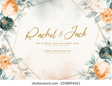 Watercolor wedding invitation template set with elegant emerald green orange floral and leaves decoration