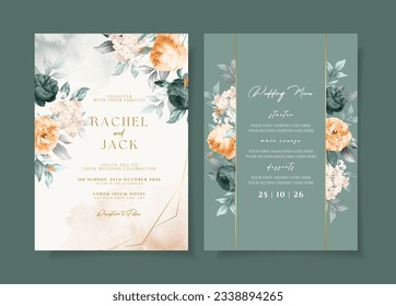 Watercolor wedding invitation template set with elegant emerald green orange floral and leaves decoration