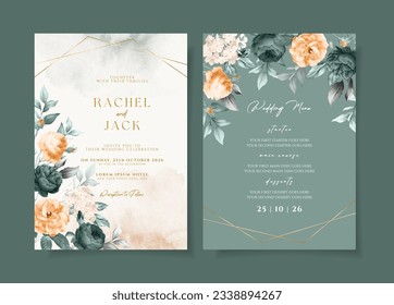 Plantilla de invitación a bodas acuarelas con elegante decoración de flores y hojas de color verde esmeralda