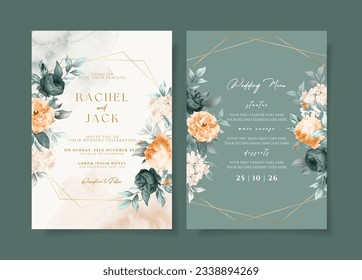 Plantilla de invitación a bodas acuarelas con elegante decoración de flores y hojas de color verde esmeralda