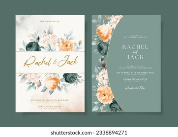 Watercolor wedding invitation template set with elegant emerald green orange floral and leaves decoration