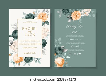 Watercolor wedding invitation template set with elegant emerald green orange floral and leaves decoration
