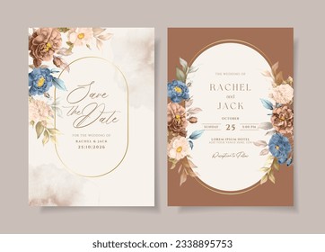 Plantilla de invitación a boda acuarela con elegante decoración de melocotón marrón marino floral y hojas