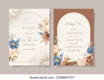 Plantilla de invitación a boda acuarela con elegante decoración de melocotón marrón marino floral y hojas