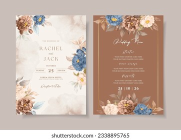 Watercolor wedding invitation template set with elegant navy brown peach floral and leaves decoration