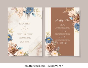 Plantilla de invitación a boda acuarela con elegante decoración de melocotón marrón marino floral y hojas