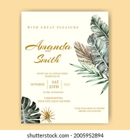 Watercolor Wedding invitation template tropical Leaves