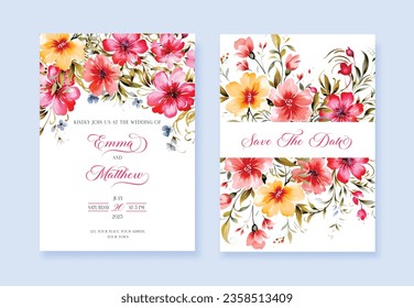 Watercolor Wedding invitation with wild flowers and Save The Date cards, vector template.