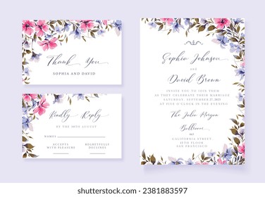 Invitación a la boda acuarela con flores silvestres, tarjetas de agradecimiento y rsvp, plantilla vectorial.