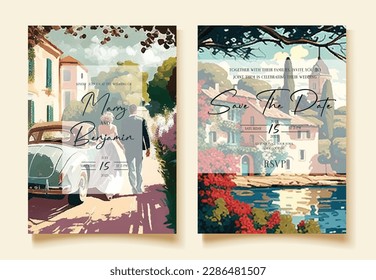 Watercolor wedding invitations cards with bride and groom on summer background. Vector template.