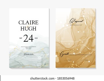 Watercolor wedding invite card, abstract acrylic painting  rustic save the date template. Blue ink with gold frame  modern poster, rsvp invitation, holiday greeting design  in vector 