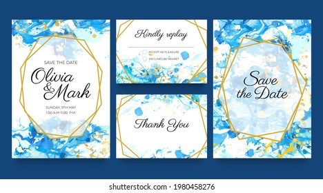 Watercolor wedding invite cards. Blue and gold invitation templates with liquid paint splatters and golden. Save the date vector set. Design of wedding, watercolor background elegant illustration