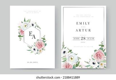 Watercolor, wedding invite, save the date set. Floral template. Delicate garden pink roses, white anemone flowers, green seeded eucalyptus branches bouquet with hexagonal silver frame. Editable vector