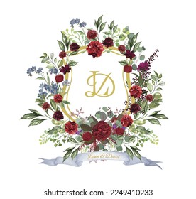 Watercolor wedding monogram LD initial watercolor floral crest. Watercolor Wedding crest wildflower frame hand drawn template vector illustration.