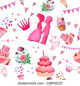 Watercolor wedding party seamless pattern. Vintage cartoon illustration with cakes, bouquet, hearts and garland.
