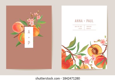 Watercolor wedding peach floral invitation. Exotic fruits, flowers, leaves card. Botanical Save the Date template vector, foliage cover, modern poster, trendy design, luxury background