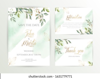 Watercolor wedding set. Set of card with leaves and golden geometric frame. Design with forest green leaves, eucalyptus, fern. Floral Trendy templates for banner, flyer, poster, greeting. eps10