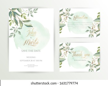 Watercolor wedding set. Set of card with leaves and golden geometric frame. Design with forest green leaves, eucalyptus, fern. Floral Trendy templates for banner, flyer, poster, greeting. eps10