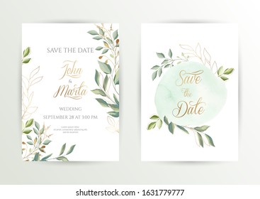 Watercolor wedding set. Set of card with leaves and golden geometric frame. Design with forest green leaves, eucalyptus, fern. Floral Trendy templates for banner, flyer, poster, greeting. eps10