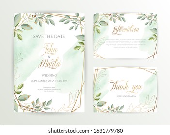 Watercolor wedding set. Set of card with leaves and golden geometric frame. Design with forest green leaves, eucalyptus, fern. Floral Trendy templates for banner, flyer, poster, greeting. eps10