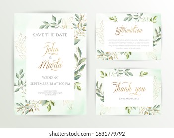 Watercolor wedding set. Set of card with leaves and golden geometric frame. Design with forest green leaves, eucalyptus, fern. Floral Trendy templates for banner, flyer, poster, greeting. eps10