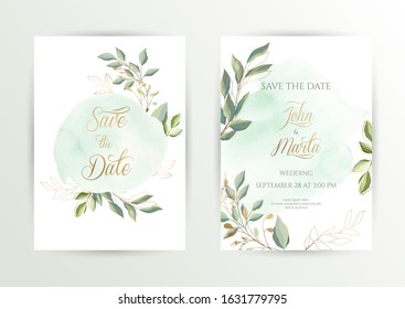 Watercolor wedding set. Set of card with leaves and golden geometric frame. Design with forest green leaves, eucalyptus, fern. Floral Trendy templates for banner, flyer, poster, greeting. eps10