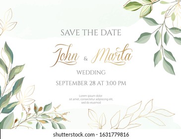 Watercolor wedding set. Set of card with leaves and golden geometric frame. Design with forest green leaves, eucalyptus, fern. Floral Trendy templates for banner, flyer, poster, greeting. eps8