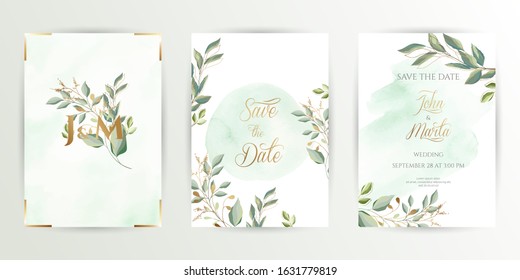 Watercolor wedding set. Set of card with leaves and golden geometric frame. Design with forest green leaves, eucalyptus, fern. Floral Trendy templates for banner, flyer, poster, greeting. eps10