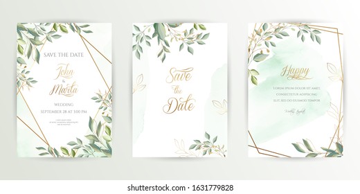 Watercolor wedding set. Set of card with leaves and golden geometric frame. Design with forest green leaves, eucalyptus, fern. Floral Trendy templates for banner, flyer, poster, greeting. eps10