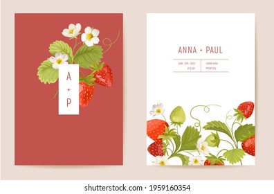 Watercolor wedding strawberry floral invitation. Exotic berries, flowers, leaves card. Botanical Save the Date template vector, party cover, modern poster, birthday design, luxury background