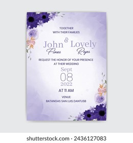 Watercolor Wedding Template with Purple Floral. Illustrator and designer. Wedding Invites, save the date, Birthday Invites, Video Invites, E-Cards.