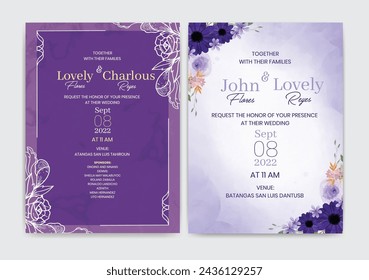 Watercolor Wedding Template Set with Purple Decorative Floral. Illustrator and designer. Wedding Invites, save the date, Birthday Invites, Video Invites, E-Cards.