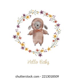 Watercolor welcome baby card with green leaves wreath, plush toy sheep. Isolated on white background. Hand drawn clipart. Perfect for card, postcard, tag, invitation, printing, wrapping