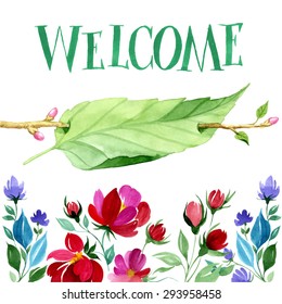 Watercolor welcome card. Hand drawn floral illustrations isolated on white background. Vector flowers and leaves. Wedding invitation card suite with daisy flower Templates.