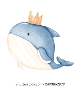 Watercolor Whale with Crown: Majestic and Playful Sea Creature