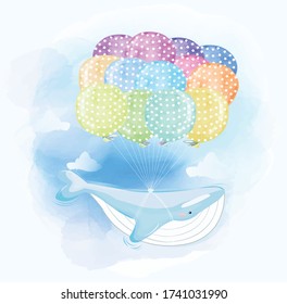 Watercolor of A Whale Flying Above the Sky Using Balloons 