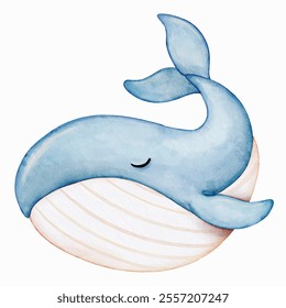 Watercolor whale. Hand drawn cartoon style blue vector whale