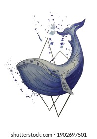 Watercolor whale in vintage style on white background. Beautiful blue swimming whale with geometric elements. Idea for tattoo, posters, postcards.
