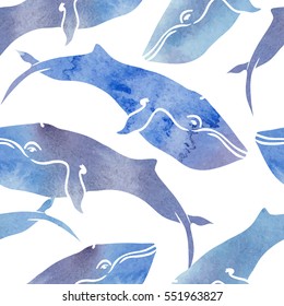Watercolor whales seamless pattern