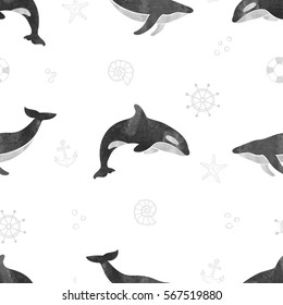 Watercolor whales seamless pattern. Vector black and white background with fin and killer whales. 