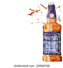 Watercolor Whiskey bottle background. Vector splashes of colors illustration.