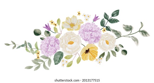 watercolor white camellia and purple  hydrangea flower bouquet 