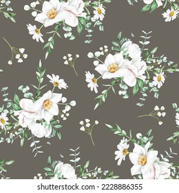 watercolor white floral seamless pattern