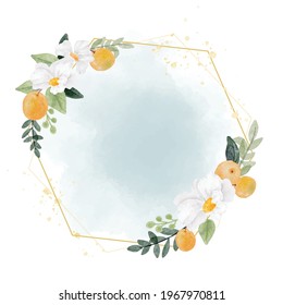 watercolor white flower and orange fruit wreath with golden geometry frame on splash background digital painting