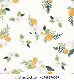 watercolor white flower and orange fruit bouquet arrangement seamless pattern